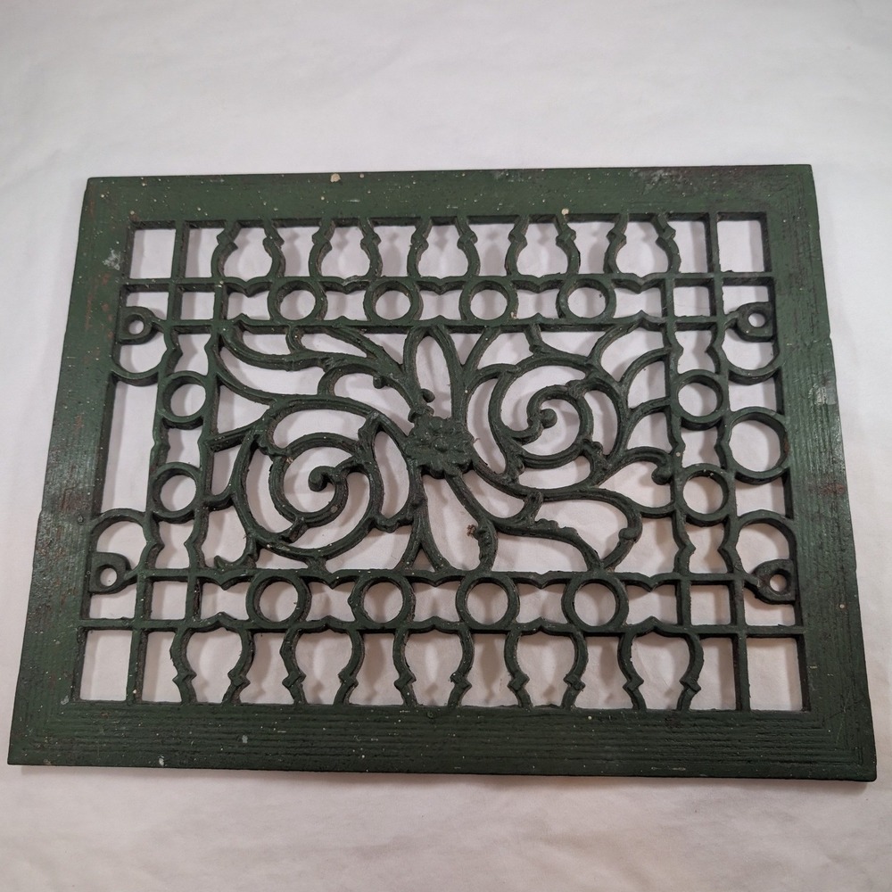 Vintage Cast Iron Floor Grate Register Architectural Salvage Green Scroll